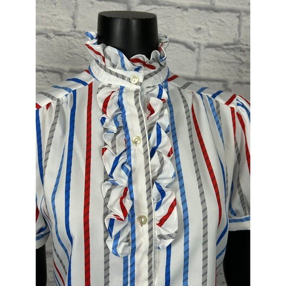 Pins & Needles Women's Button Up Stripe Turtle Neck Ruffled Puffed Short Sleeves - Picture 2 of 6